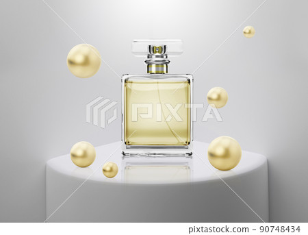 Perfume bottle with golden pearls on Interior white space. for product display or exhibition. 3D render Perfume bottle with golden pearls on Interior white space. for product display or exhibition. 3D render 90748434