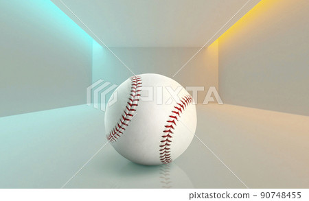 View of softball with white background blue and yellow neon lights are launched from the ceiling 90748455