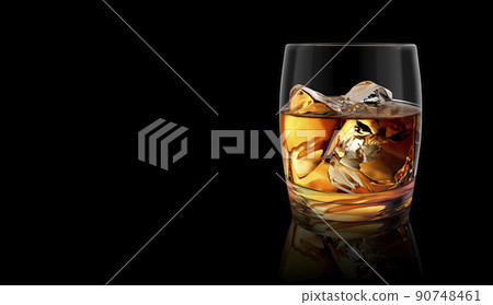 whiskey glass and ice isolated on black background. 3d render 90748461
