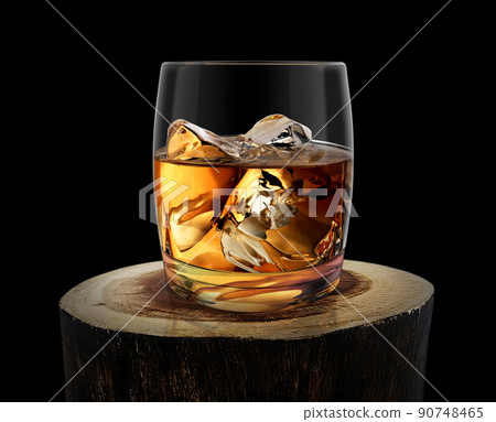 whiskey glass on old wood log, black background whiskey glass on old wood log, black background 90748465