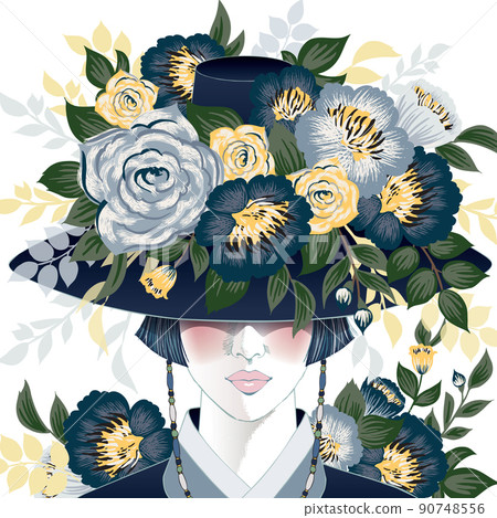 Vector illustration of a woman wearing a Gat, Korea traditional hat decorated with flowers. Design for banner, poster, card, invitation and scrapbook	 90748556
