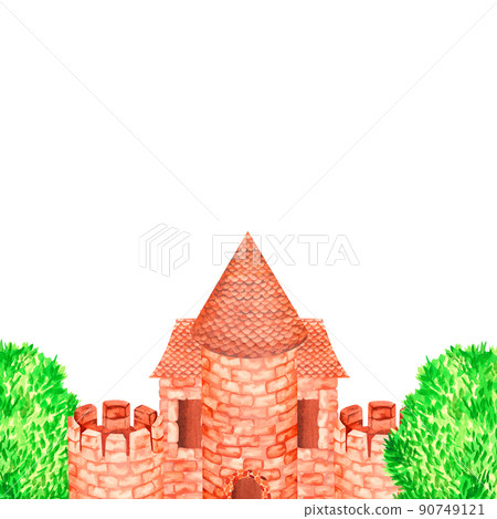Banner castle in the thicket. Watercolor illustration. Isolated on a white background. For design Banner castle in the thicket. Watercolor illustration. Isolated on a white background. For design 90749121