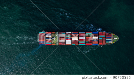 Aerial view container ship in open sea, Global business company logistic industry commerce import export logistic transportation oversea worldwide, Cargo freight shipping company vessel. 90750555