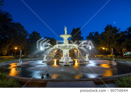 Famous historic Forsyth Fountain in Savannah, Georgia 90750644