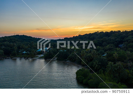 Drone shot the Luxury but Eco Community resort and hotel on the mountain in KohKood Island at the East of Thailand. 90750911