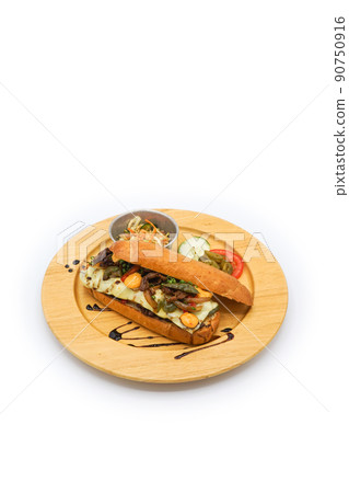Applied Korea and America hotdog breakfast style with breef pork cheese and vegetable on the circle wood plate in studiolight white background. 90750916