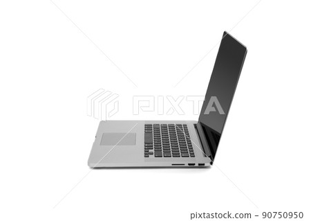 Laptop gray metalic sliver colour notebook beside view open cover on the white background. Clipping Path. 90750950