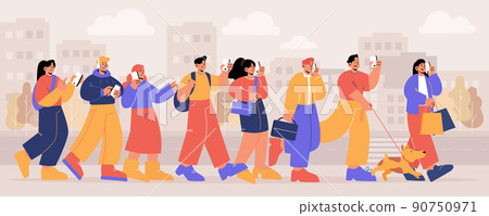 People with smartphones walking at city street 90750971