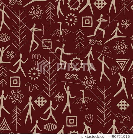 Seamless pattern with decorative elements and man from rock art. Prehistoric drawings. Outline. 90751016