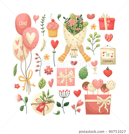 Vector set for Valentine's Day with flowers, plants, gifts in the flat style 90751027