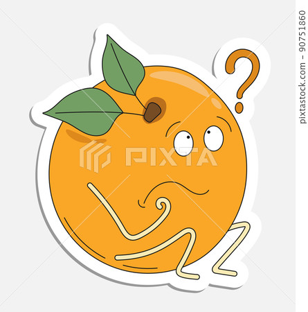 Surprised frustrated apricot character thinks with question mark over head. Hand drawn cartoon icon with stroke. Cartoon vector sticker isolated on white background 90751860
