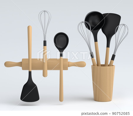 Wooden kitchen utensils, tools and equipment on white background. Wooden kitchen utensils, tools and equipment on white background. 90752085