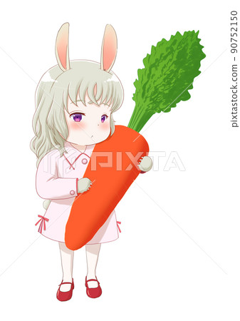 一隻兔子的擬人化插圖,一個銀髮的銀色金發圖標,上面有一根大胡蘿蔔,一件粉紅色的連衣裙 一隻兔子的擬人化插圖,一個銀髮的銀色金發圖標,上面有一根大胡蘿蔔,一件粉紅色的連衣裙 90752150