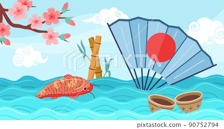 Asian travel background, japanese abstract landscape. Koi fish, sakura branch and fan with red sun in ocean or sea waves, vector oriental symbols illustration 90752794