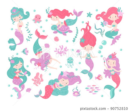 Cartoon mermaids set. Mermaid girl and fish, cute birthday funny characters. Little underwater princess, isolated marine kids nowaday vector kit 90752810