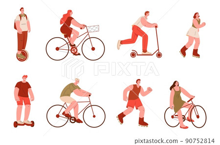 People ride. Woman man rides on bicycle and kick scooter, rollers and segway. Outdoor young person activity, isolated urban sport kicky adults vector characters People ride. Woman man rides on bicycle and kick scooter, rollers and segway. Outdoor young person activity, isolated urban sport kicky adults vector characters 90752814