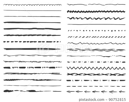 Isolated grunge sketch lines. Creativity line pencil or pen, ink brush kit. Freehand draw strokes, scribble dividers. Neoteric artistic vector set Isolated grunge sketch lines. Creativity line pencil or pen, ink brush kit. Freehand draw strokes, scribble dividers. Neoteric artistic vector set 90752815