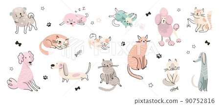 Doodle adorable pets. Cute dog portrait, pretty kitten relax different poses. Cats and dogs, cartoon drawing puppies. Isolated nowaday animals vector set Doodle adorable pets. Cute dog portrait, pretty kitten relax different poses. Cats and dogs, cartoon drawing puppies. Isolated nowaday animals vector set 90752816
