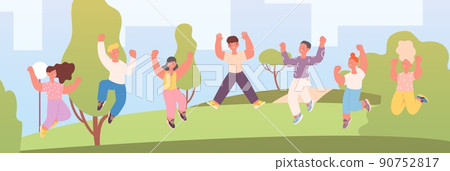 Little joyful students rejoice holidays. Summer vacation, happy jumping children in city park. Cartoon happiness kids, outdoor activity vector characters Little joyful students rejoice holidays. Summer vacation, happy jumping children in city park. Cartoon happiness kids, outdoor activity vector characters 90752817