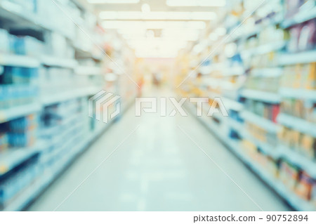 Empty Supermarket Aisle and Shelves in blur background Empty Supermarket Aisle and Shelves in blur background 90752894