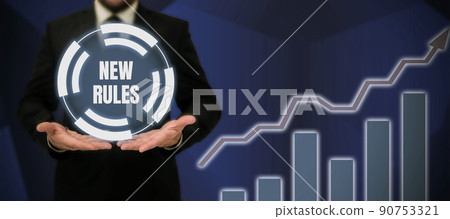 Text sign showing New Rules. Word Written on A state of changing an iplemented policy for better upgrade Lady in suit holding pen symbolizing successful teamwork accomplishments. 90753321