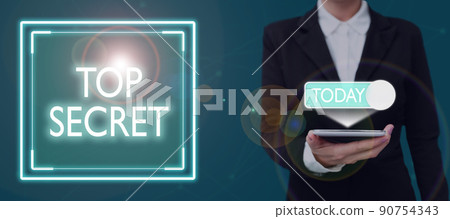 Text showing inspiration Top Secret. Business showcase telling someone important data or information that he cant tell Businessman Using Mobile Phone Making Plans Accomplishing Latest Goals. 90754343