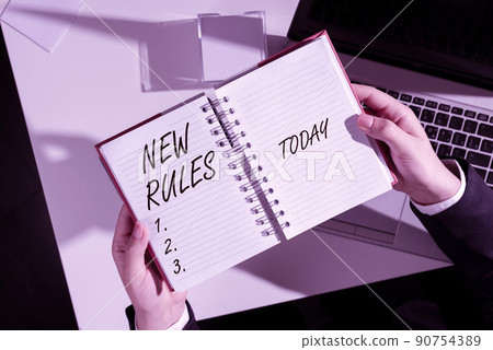 Handwriting text New Rules. Conceptual photo A state of changing an iplemented policy for better upgrade -47266 Handwriting text New Rules. Conceptual photo A state of changing an iplemented policy for better upgrade -47266 90754389