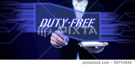 Text caption presenting Duty Free. Word for Store or establisbhement that sells imported products witout tax Lady in suit holding pen symbolizing successful teamwork accomplishments. 90754686