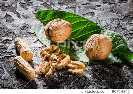 Fresh peanuts in shell top view background 90754842