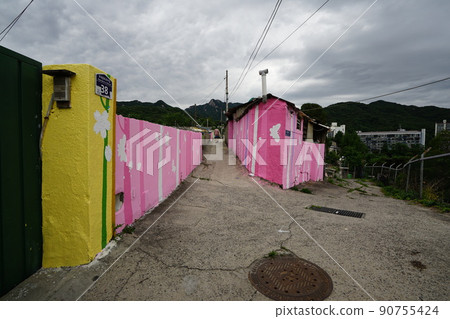 Jeongneunggol. Mural. Alley. Summer flowers. In the garden. 90755424