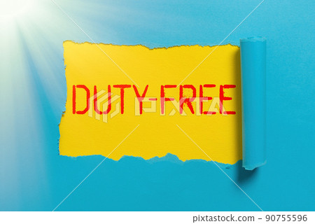 Writing displaying text Duty Free. Business idea Store or establisbhement that sells imported products witout tax Computer Keyboard And Symbol.Information Medium For Communication. 90755596