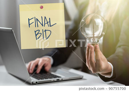 Handwriting text Final Bid. Concept meaning The decided cost of an item which is usualy very expensive Businessman Talking Through Megaphone Making Wonderful New Announcement 90755700