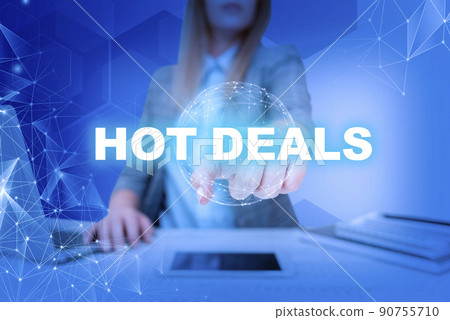 Inspiration showing sign Hot Deals. Concept meaning An agreement through which one of the paties is offered and accept Lady in suit pointing finger represents global innovative thinking. 90755710