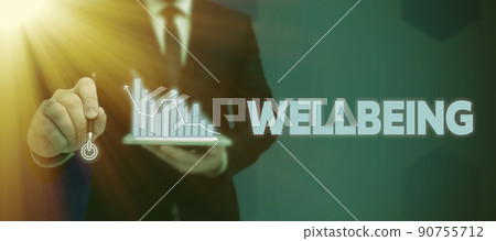 Sign displaying Wellbeing. Business approach A good or satisfactory condition of existence including health Lady in suit holding pen symbolizing successful teamwork accomplishments. Sign displaying Wellbeing. Business approach A good or satisfactory condition of existence including health Lady in suit holding pen symbolizing successful teamwork accomplishments. 90755712