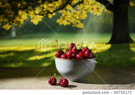 Cherry Fruits in bowl with Nature Background Cherry Fruits in bowl with Nature Background 90756175