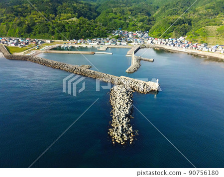 Aerial view of Toyohama fishing port in Otobe-cho, Hokkaido in early summer 90756180