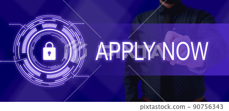 Conceptual caption Apply Now. Internet Concept An act of a person to acquire the job related to the profession Businessman in suit holding notepad symbolizing successful teamwork. 90756343