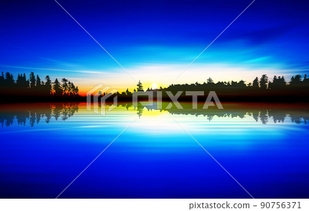 abstract background with sunrise and forest lake 90756371