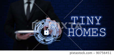 Inspiration showing sign Tiny Homes. Business approach houses contain one room only or two and small entrance Cheap Businessman in suit holding open palm symbolizing successful teamwork. 90756451