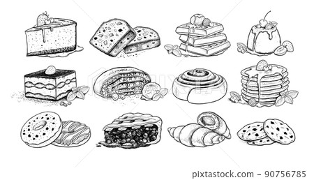 Sketch illustrations set of desserts and bakery products Sketch illustrations set of desserts and bakery products 90756785