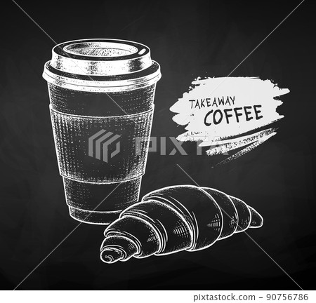 Chalked illustration of Coffee cup and croissant 90756786
