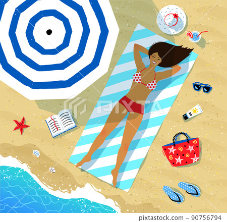 Flat lay illustration of girl lying on the beach 90756794