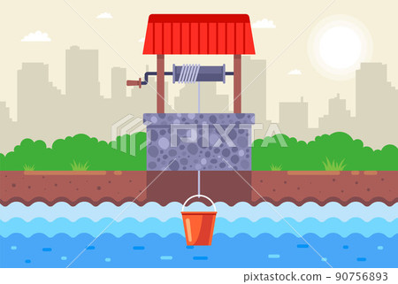 extract clean drinking water from underground. homemade stone well with a bucket. 90756893