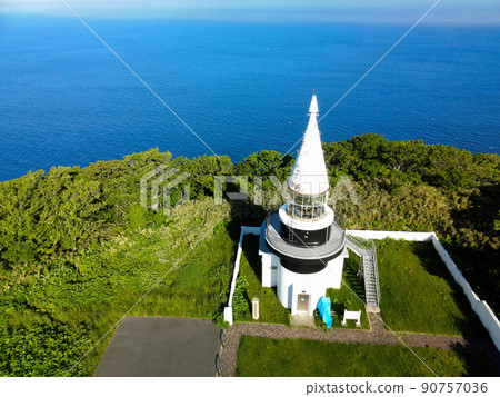 Aerial view of the scenery of Cape Motsuta Lighthouse in Setana Town, Hokkaido in early summer 90757036