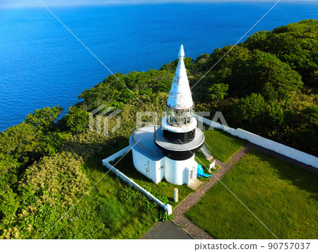 Aerial view of the scenery of Cape Motsuta Lighthouse in Setana Town, Hokkaido in early summer 90757037