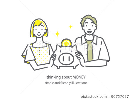 一對年輕夫婦考慮資產形成簡單而時尚的線條畫插圖 90757057