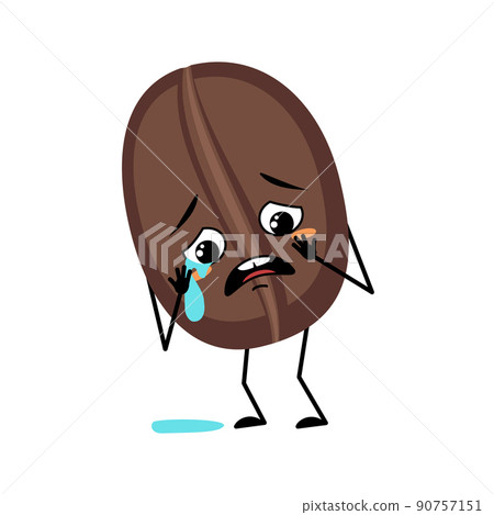 Coffee bean character with crying and tears emotion, sad face, depressive eyes, arms and legs. Food person with melancholy expression and pose. Vector flat illustration 90757151