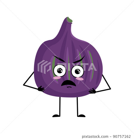 Fig character with angry emotions, grumpy face, furious eyes, arms and legs. Person with irritated expression, violet fruit emoticon. Vector flat illustration Fig character with angry emotions, grumpy face, furious eyes, arms and legs. Person with irritated expression, violet fruit emoticon. Vector flat illustration 90757162