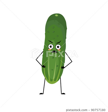 Cucumber character with angry emotions, grumpy face, furious eyes, arms and legs. Person with irritated expression, green vegetable or emoticon. Vector flat illustration Cucumber character with angry emotions, grumpy face, furious eyes, arms and legs. Person with irritated expression, green vegetable or emoticon. Vector flat illustration 90757180