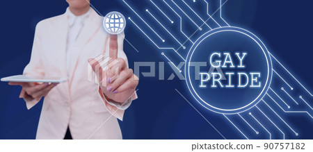 Text sign showing Gay Pride. Business overview Dignity of an idividual that belongs to either a man or Businessman in suit holding open palm symbolizing successful teamwork. 90757182